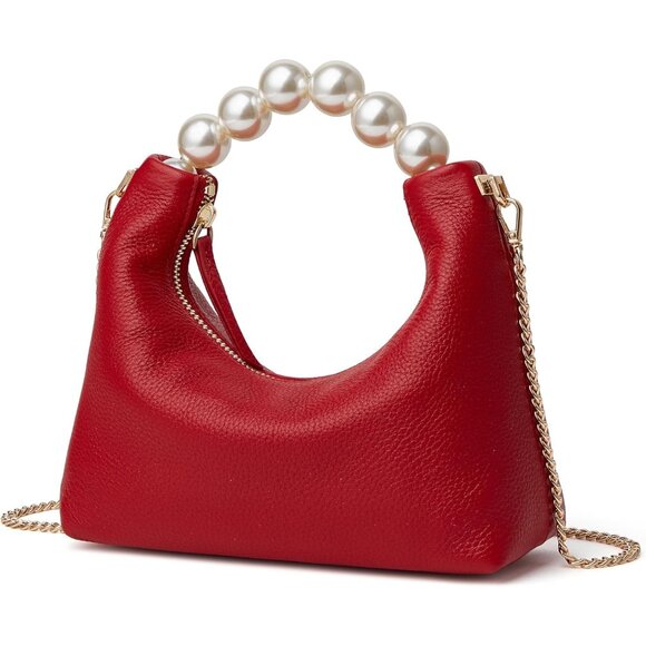 ⚡ Women's Top Handle Chain Pearl Strap Leather Crossbody Tote Red Bag - Picture 6 of 6